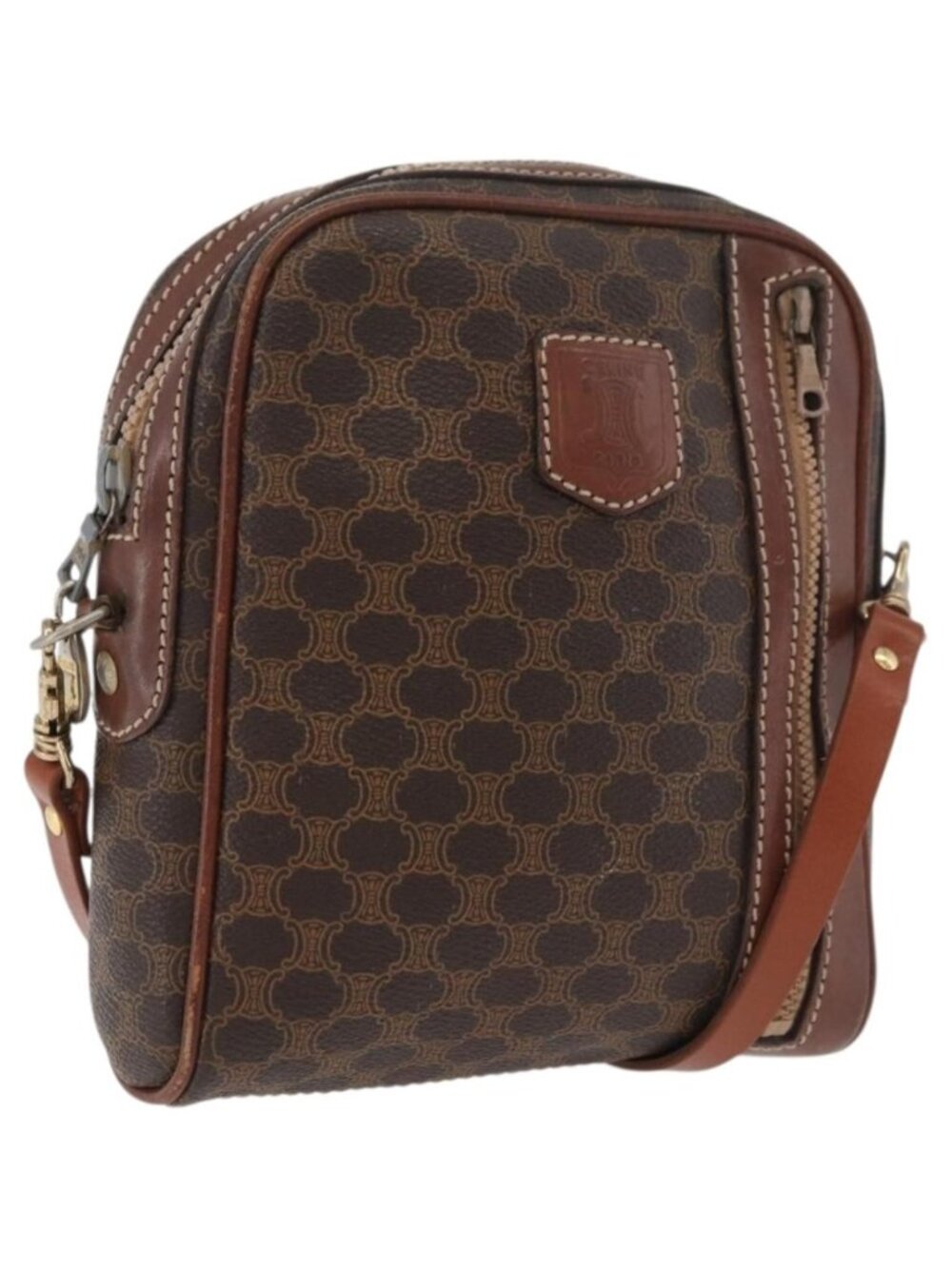 CELINE Macadam Canvas Shoulder Bag PVC Leather Brown Gold